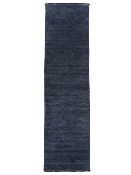  80X350 Einfarbig Klein Handloom Fringes Teppich - Dunkelblau Wolle, 