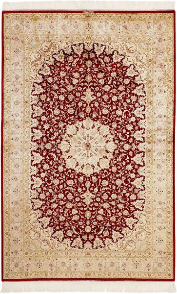  Ghom Seide Teppich 159X246 Echter Orientalischer Handgeknüpfter Beige/Dunkelrot (Seide, Persien/Iran)